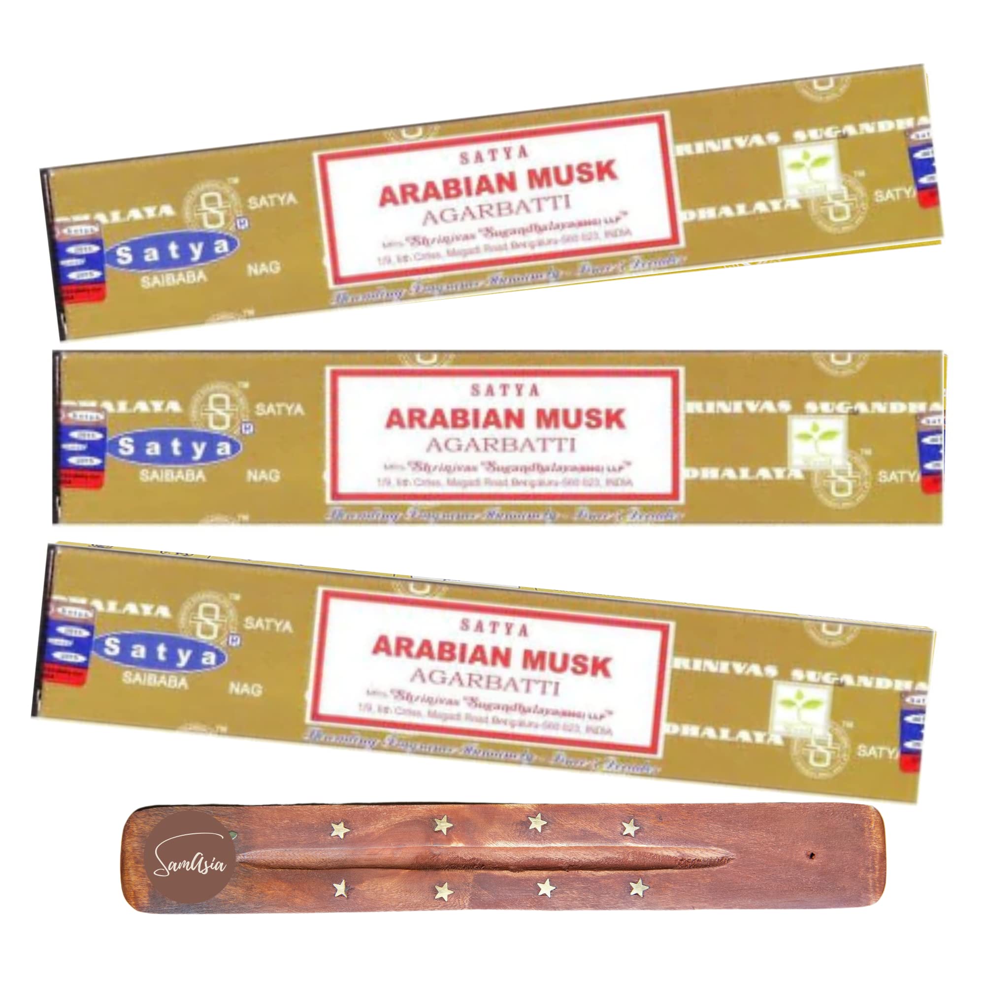 Samasia Satya Nag Champa Arabian Musk Incense Sticks | X3 Pack | With Incense Sticks Holder | Used For Aromatherapy, Spa, Yoga, Weddings, Meditation, Healing, Positivity And Relaxation