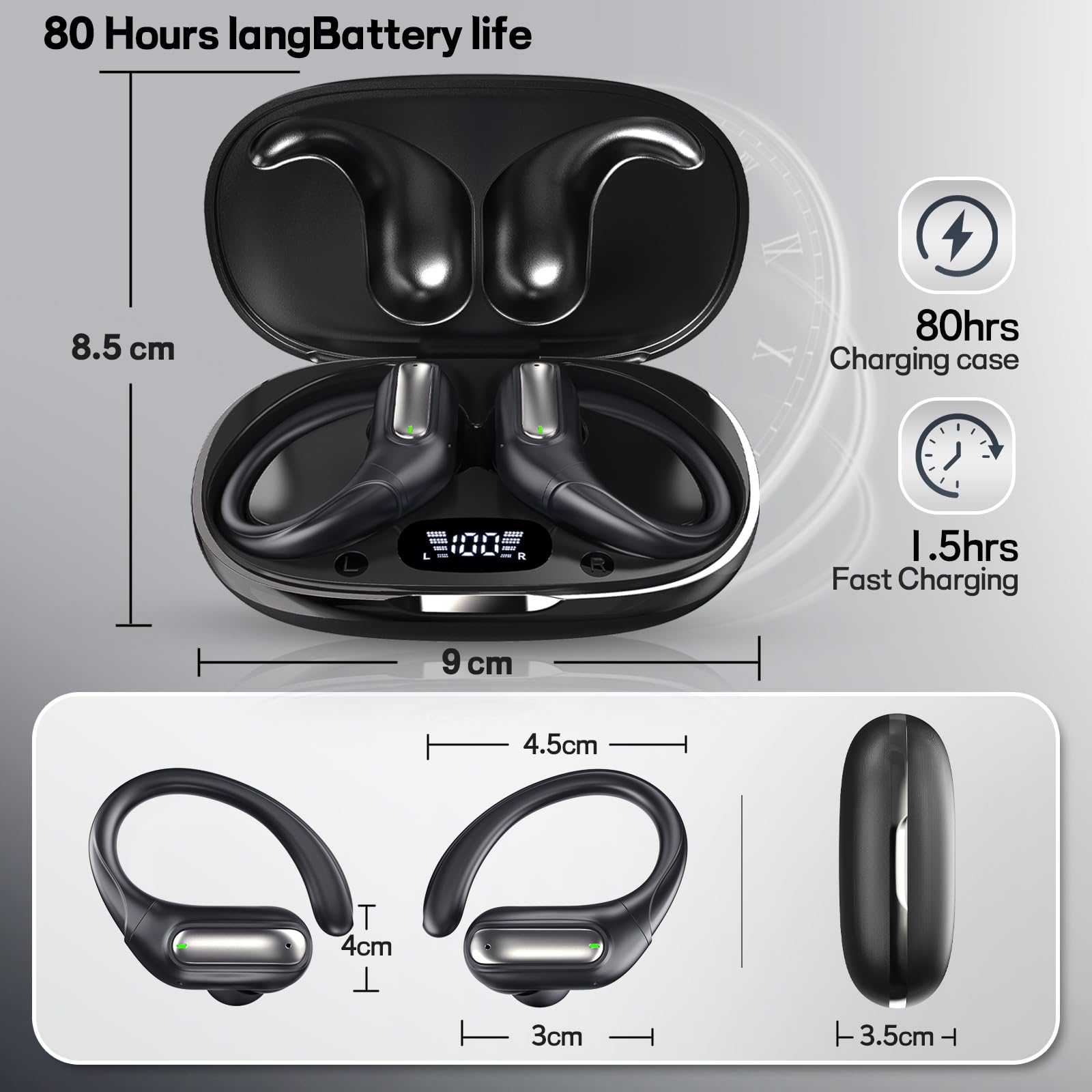 Auricolari sportivi senza fili, resistenti al sudore, con Bluetooth 6.0, suono stereo Hi-Fi, 80 ore di autonomia, facile controllo con pulsante per corsa, allenamento, palestra