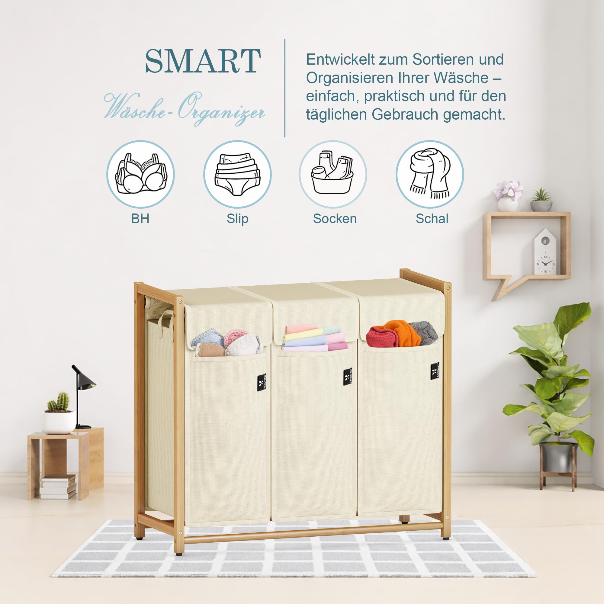 AdelDream Wäschekorb 150L, 3 Fächer Wäschesammler, Bambusrahmen | Wäschesortierer 3 x 50L, abnehmbarer Sack, atmungsaktiv, Beige