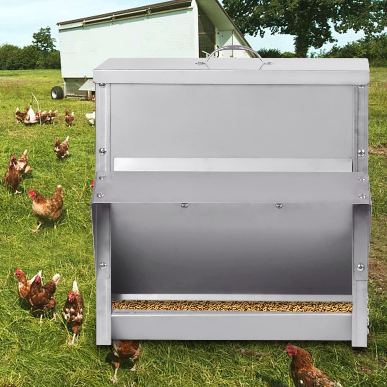 MOGOULUA 30L Automatic Chicken Feeder Heavy Duty Stainless steel Poultry Feeder Outdoor Rainproof Chicken Coop Feeder Double sides Feeding Trough No Waste for Chicken & Duck Poultry