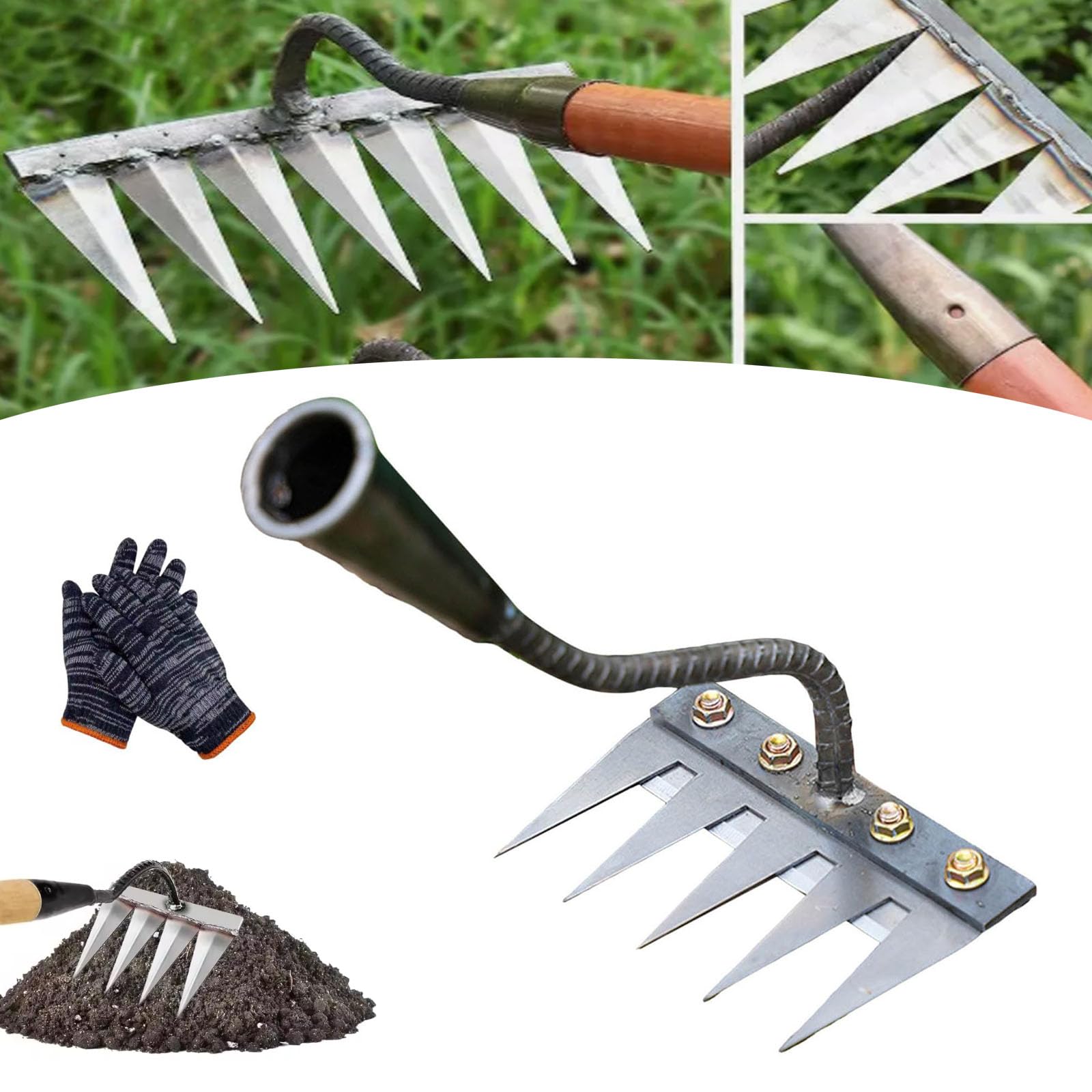 Rastrillo De Deshierbe, Rastrillo Jardin con Mango, Rastrillo Malas Hierbas, Rastrillo De Acero Al Carbono De 5/6/7/8 Dientes, Elimina Malezas, Grava y Hojas en 1 Pasada (5 Dientes)