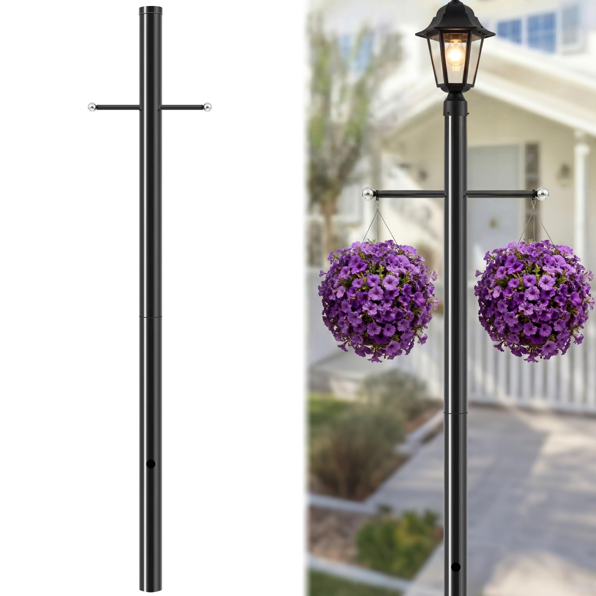 Zonon 1 Set 7ft Outdoor Lamp Post with Cross Arm – Direct Burial Light Post with Decorative Sleeve for Yard, Garden, Driveway Lighting, Fits 3" Posts Top Fixtures, Galvanized Steel Light Pole, Black-image-5