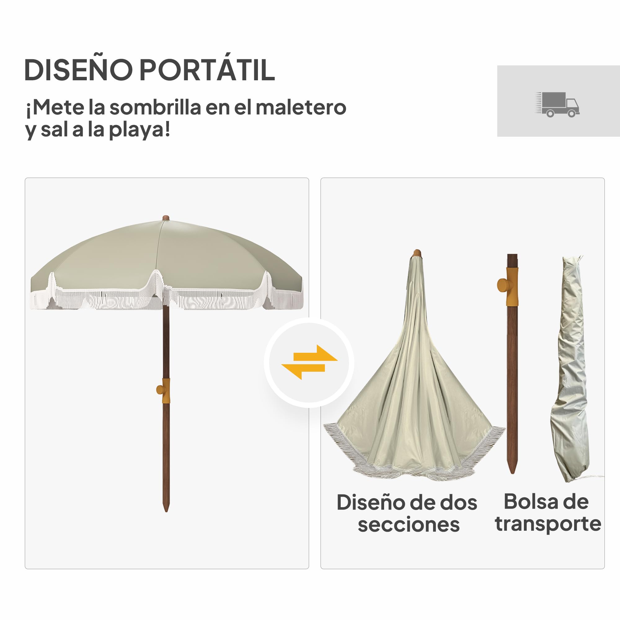 Outsunny Sombrilla de Playa Grande con Flecos Ø190 cm UV40