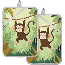 Kitchen Decor 2Pack Large Pocket Pot Holders Set, Cartoon Monkey Swinging on Vines Heat Resistant Quilted Liner Countertops Hot Pads Trivets Oven Mitts for BBQ Baking and Cooking