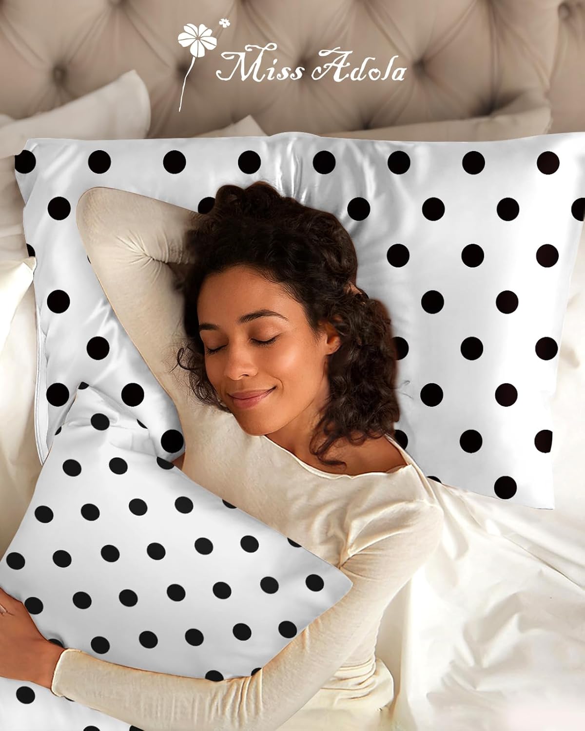 Miss Adola Silk Pillowcase 2 Pack - Cute Pillow Cases 20" x 26" Standard Size Set of 2 for Hair and Skin Smooth Soft Breathable with Hidden Zipper Cooling Pillow Covers for Sleeping, White Black dot