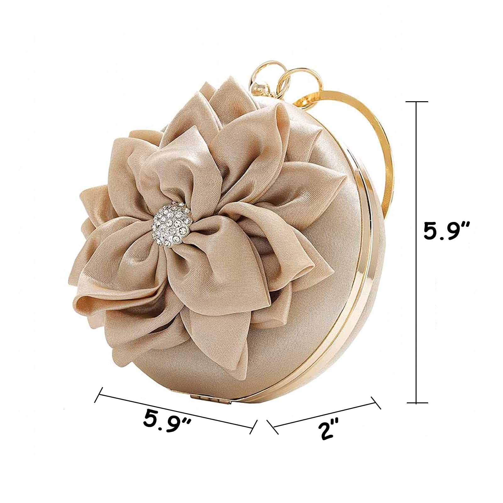 EFTCAL Women Silk Round 3D Rose Flower Handbag,Rhinestone Metal Handle Evening Bag Wedding Party Prom Purse Shoulder Bag (Brown)