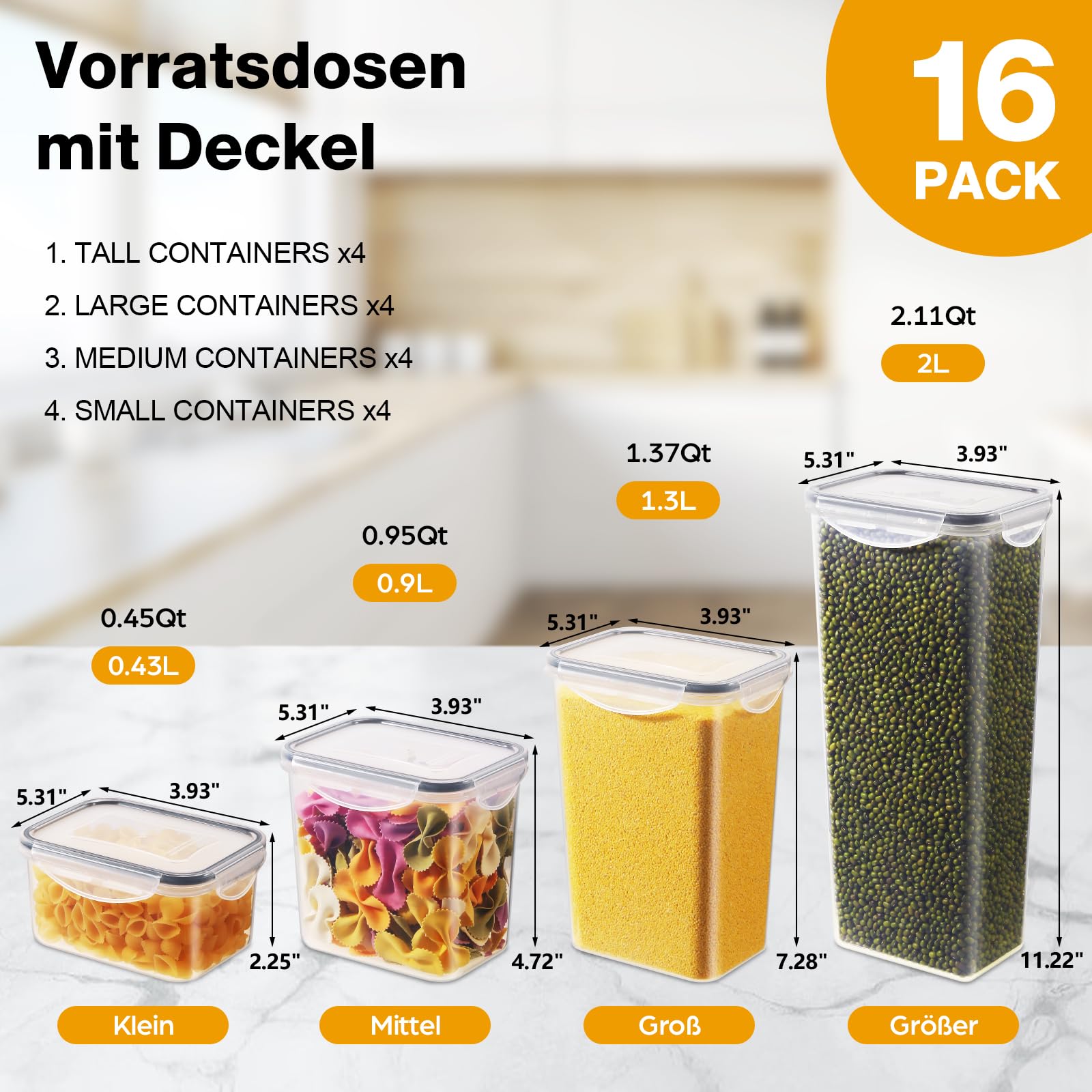 YASHE 16 Stück Vorratsdosen mit Deckel, Luftdicht Vorratsdosen Set, Kunststoff BPA-freie, Frischhaltedosen mit Deckel für trockene Lebensmittel, Müsli, Mehl und Zucker
