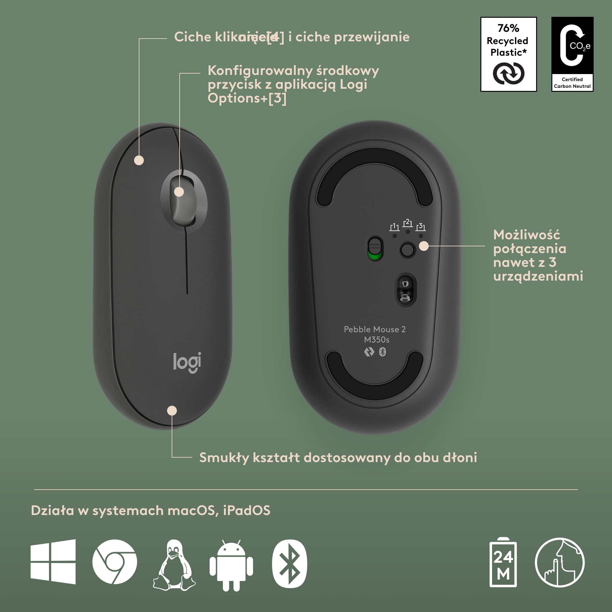 Logitech Pebble 2 Combo for Mac, bezprzewodowa klawiatura/mysz, smukła, cicha i przenośna, personalizowana, mysz/klawiatura Bluetooth, Easy-Switch,dla macOS,iPadOS,QWERTY układ US international,Grafit