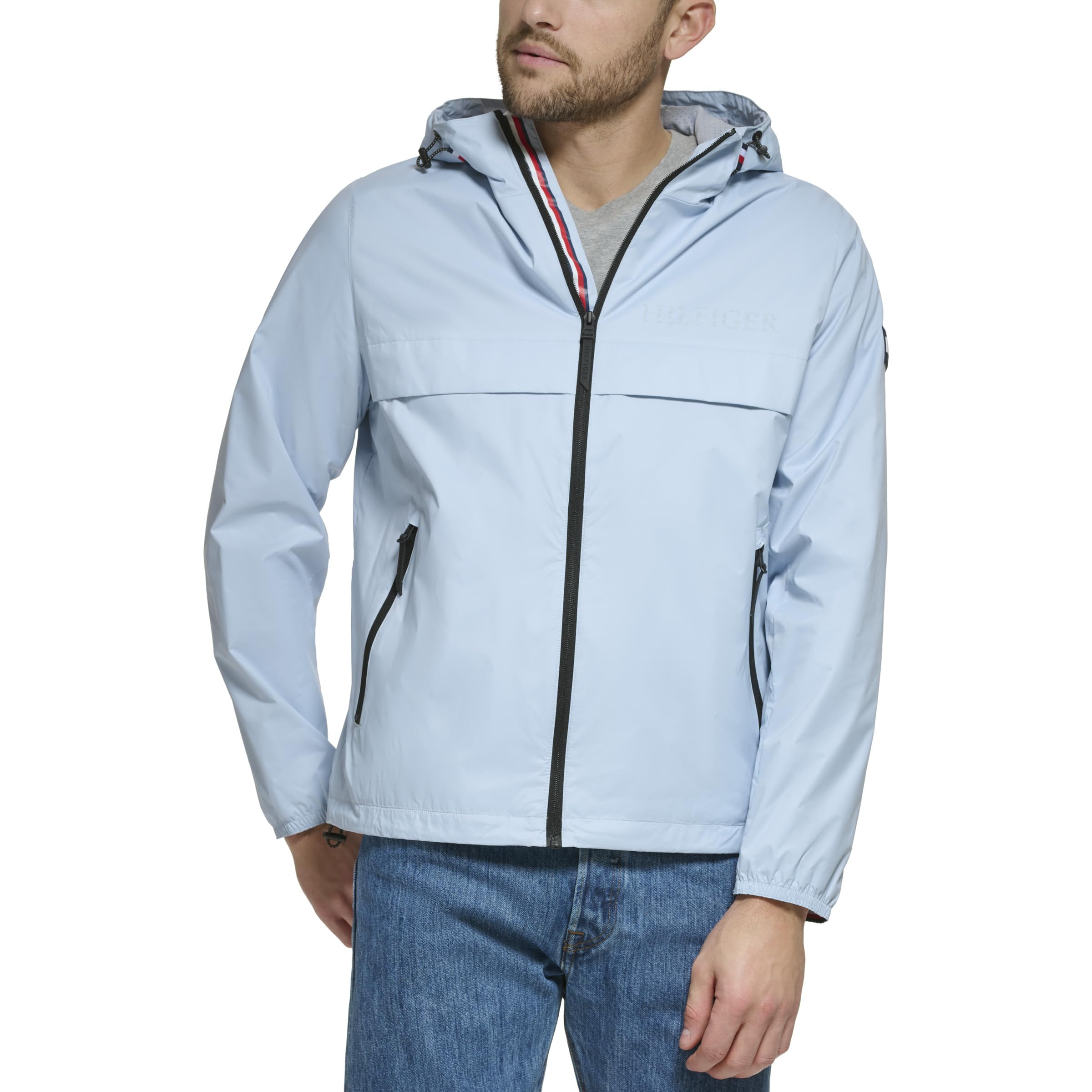 Tommy Hilfiger Men's Pastel Blue Simple Hooded Rain Jacket, Xl