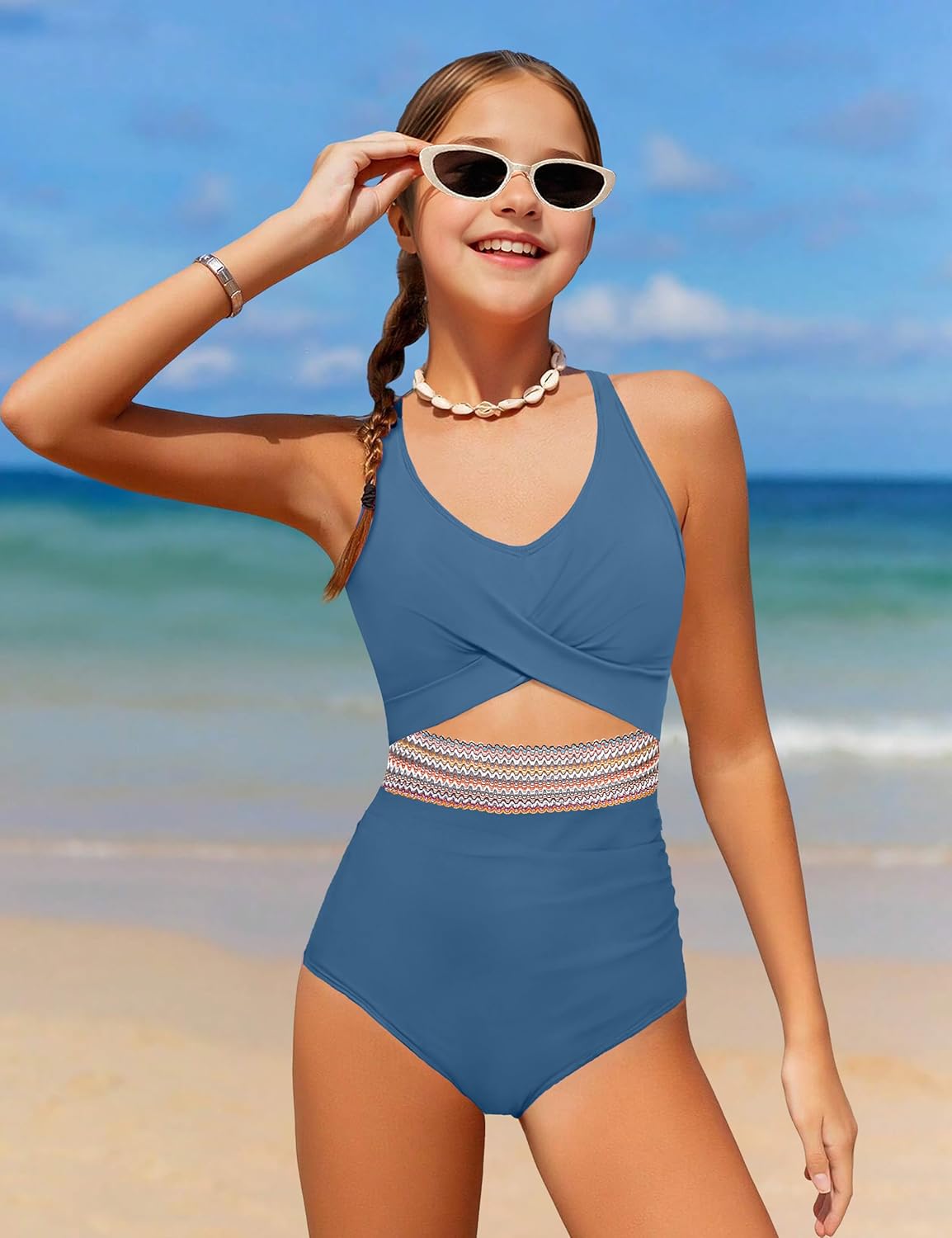 Girls Swimsuit Criss Cross Cutout One Piece Bathing Suit Color Block V Neck Back Tie Swimwear 9-16Y - Image 4