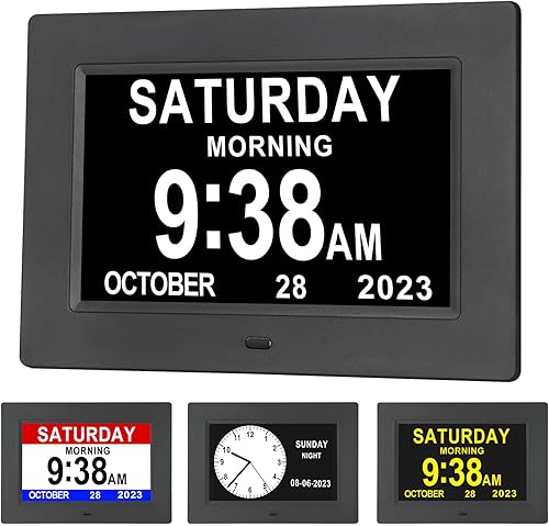 Aowasi Reloj despertador con calendario digital, 12 opciones de alarma, pantalla extra grande, no abreviado, reloj digital de día y mes para