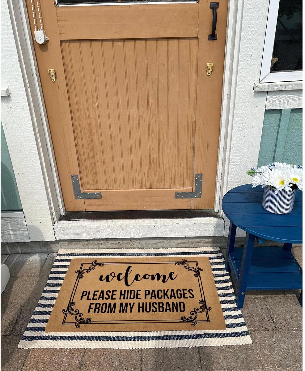GXFC Welcome Mat with Rubber Back Welcome Please Hide Packages from My Husband Funny Doormat for Entrance Way Monogram Mats for Front Door Mat No Slip Kitchen Rugs and Mats 30"(L) x 18"(W)