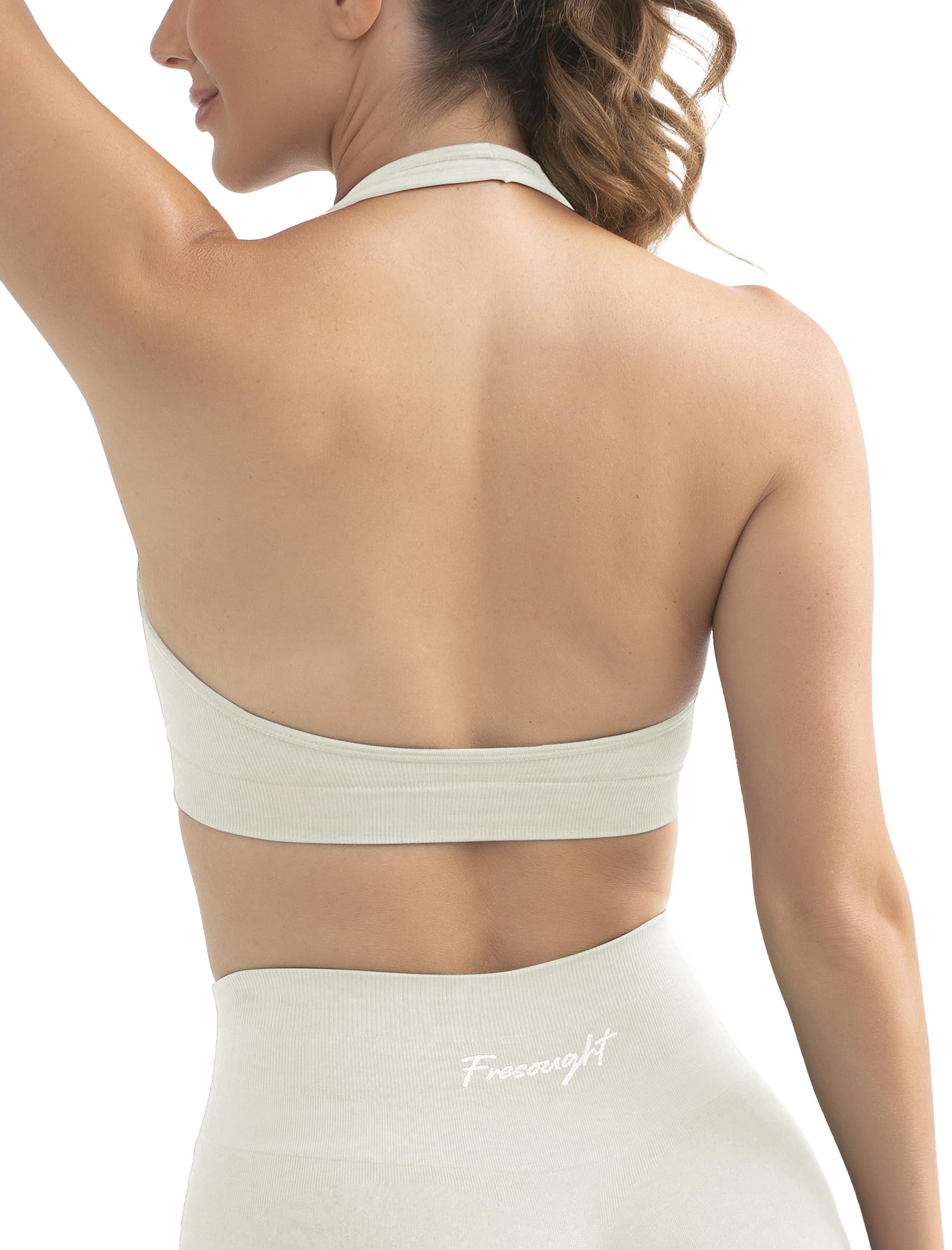 FRESOUGHTHalter Backless Sports Bras for Women, Open Back Seamless Padded Cropped Bras Low Impact Workout Fitness Tops