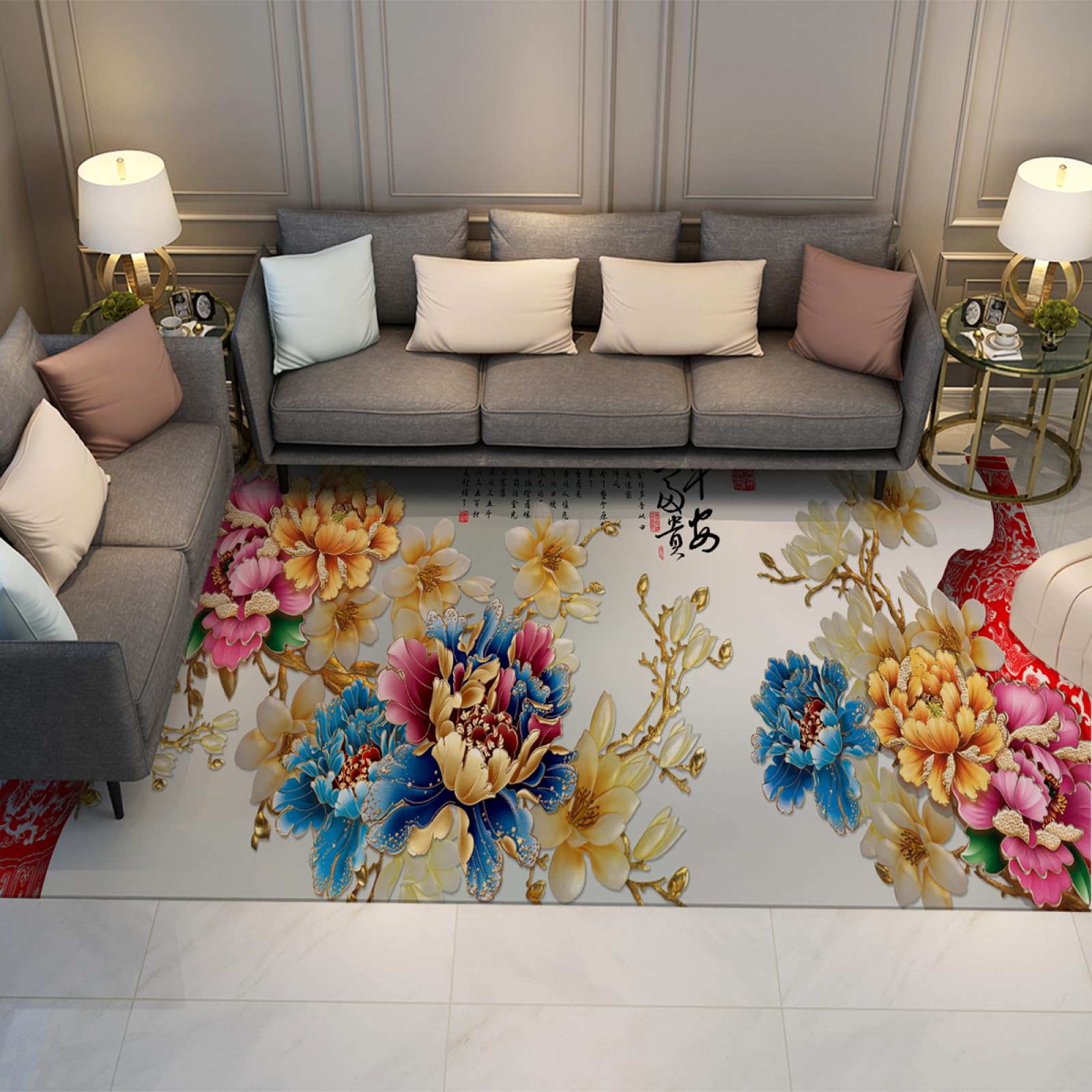 Tapis d’Impression 3D 120x180cm - coloré Riche Pivoine Magnolia Motif Machine Lavable Doux antidérapant à Poils Ras Mince Tapis pour buanderie