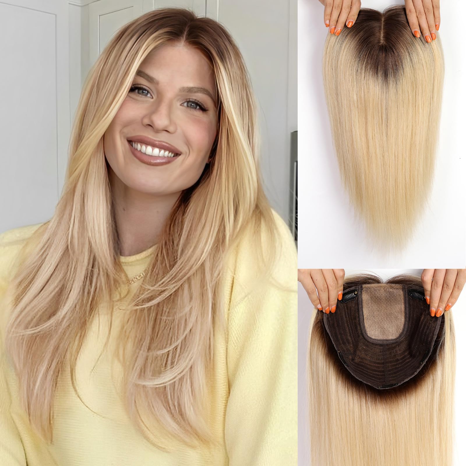HAIRCUBE 16 Zoll Haarteile für Frauen aus echtem menschlichem Haar, 7 * 8 Zoll große Basis, ohne Pony, Haarteile für Frauen bei Haarausfall oder dünnem Haar (Ombre Hellblond)