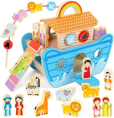 Wooden Noahs Ark Toy Animal Playset, Baptism Gifts for 2 3 4 Years Old Boys Girl, Lacing Beads, Shape Sorter, Montessori Noah's Ark Toys with Bible Story Book for 24 Months Kids