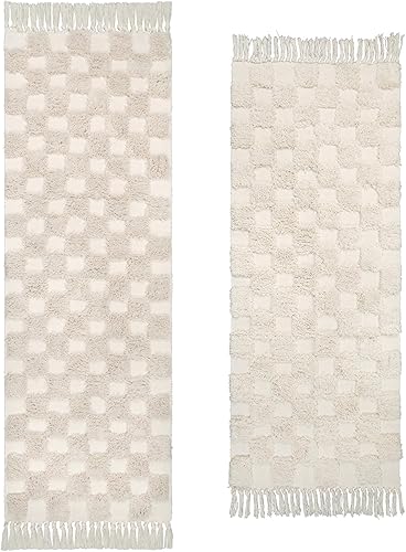 Lanffia Juego de 2 alfombras bohemias de 2 x 5 + 2 x 7 pulgadas, lavables, color beige, con borlas, alfombra decorativa tejida de algodón bohemio