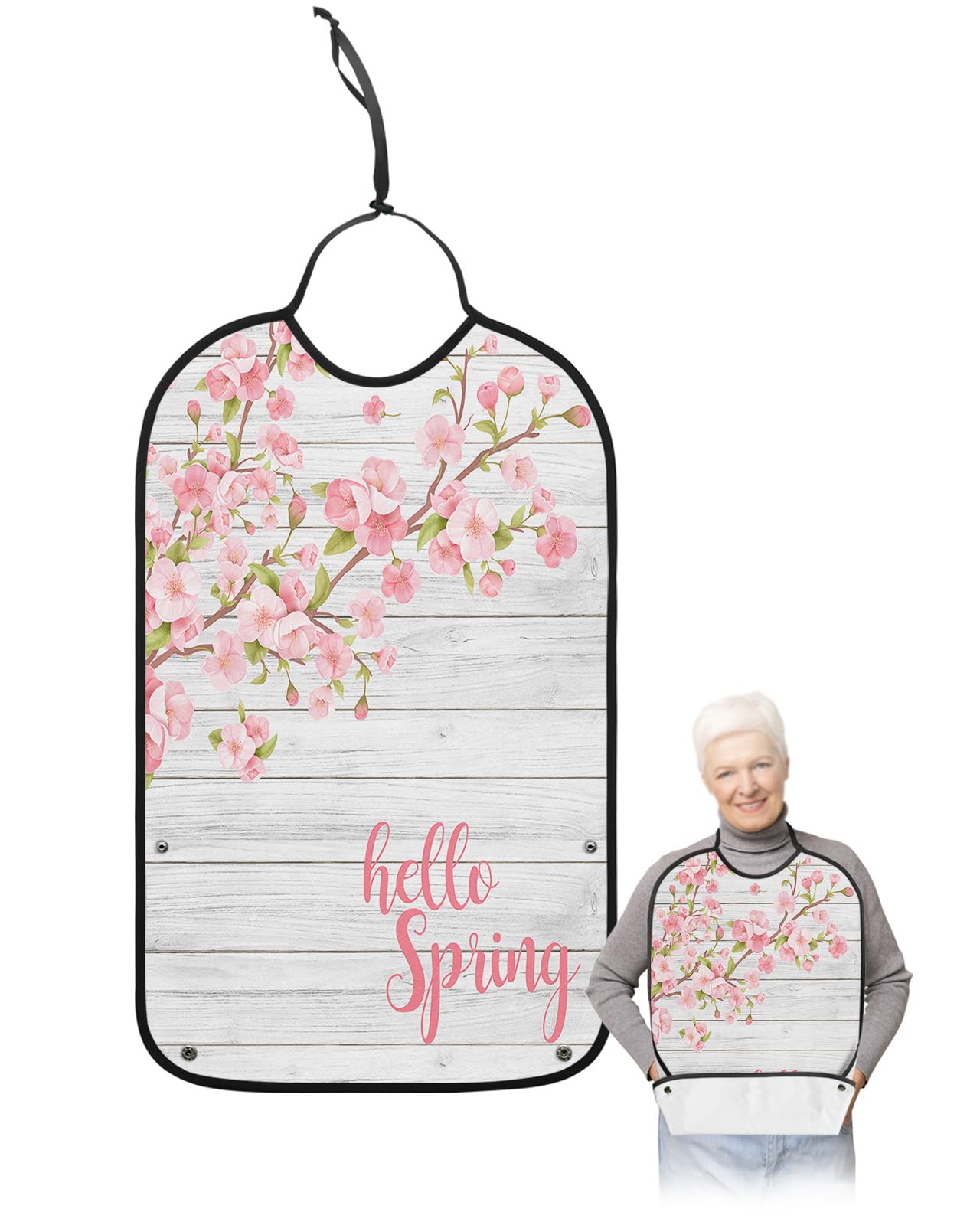 Spring Peach Blossom Adult Bibs for Eating, Waterproof Bibs with Food Catcher & Adjustable Snap Closure, Pink Peach Blossom Tree on Wood Washable Clothing Protectors Adult Bibs for Elderly Women/Men