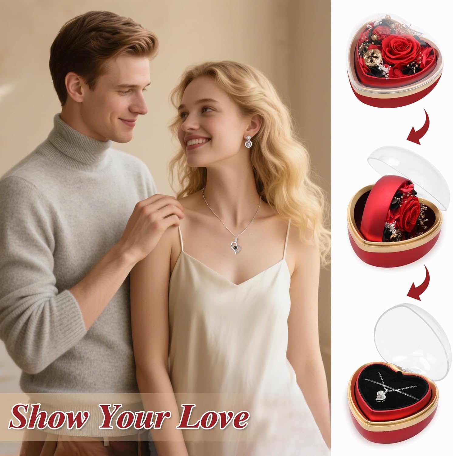 Preserved Real Rose with I Love You Necklace in Heart Shaped Box, Valentines Day Gift for Her, Red Eternal Flower Christmas Mothers Day Birthday Gifts for Women Mom Wife Girlfriend Grandma - Image 5