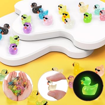 12 Colors Luminous Resin Tiny Ducks With Sunglasses 60pcs Mini Resin Duck Statues Colorful Glowing Resin Duckling with box for Aquarium Garden Landscape Christmas Birthday Party