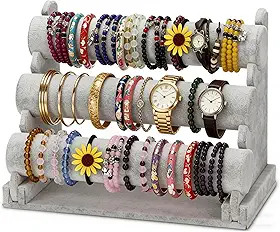 Barelove Suporte de pulseira de veludo com suporte de 3 níveis, organizador de armazenamento cinza T-Bar Suporte de exibição destacável para colar, relógio, pulseiras, organização, showcase