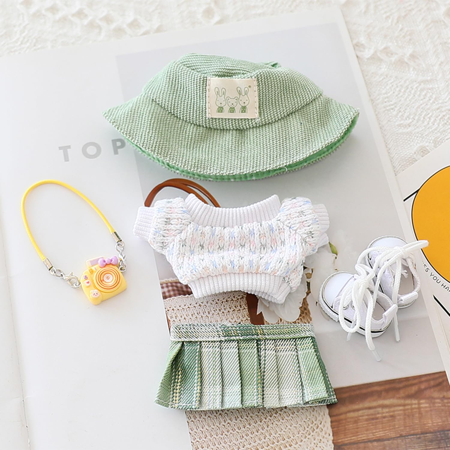 Clothes for Labubu Sweater Clothes Accessories(No Doll Only Clothes), Stylish Outfit Suitable for 6.69inch (17cm) Doll Soft Clothing Replacement (WhiteA+hat+Dress+Mini Pendant+Shoes)