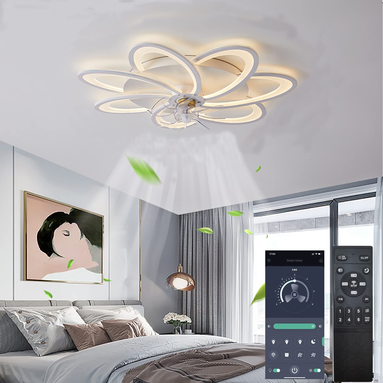 YWWQYBYQ 32" Large Smart Ceiling Fan,with Lights Remote APP Control,Modern Low Profile Noise Level Flush Mount Ceiling Fan, 3 Color 6 Speeds for Bedroom Living Room Kitchen 60W