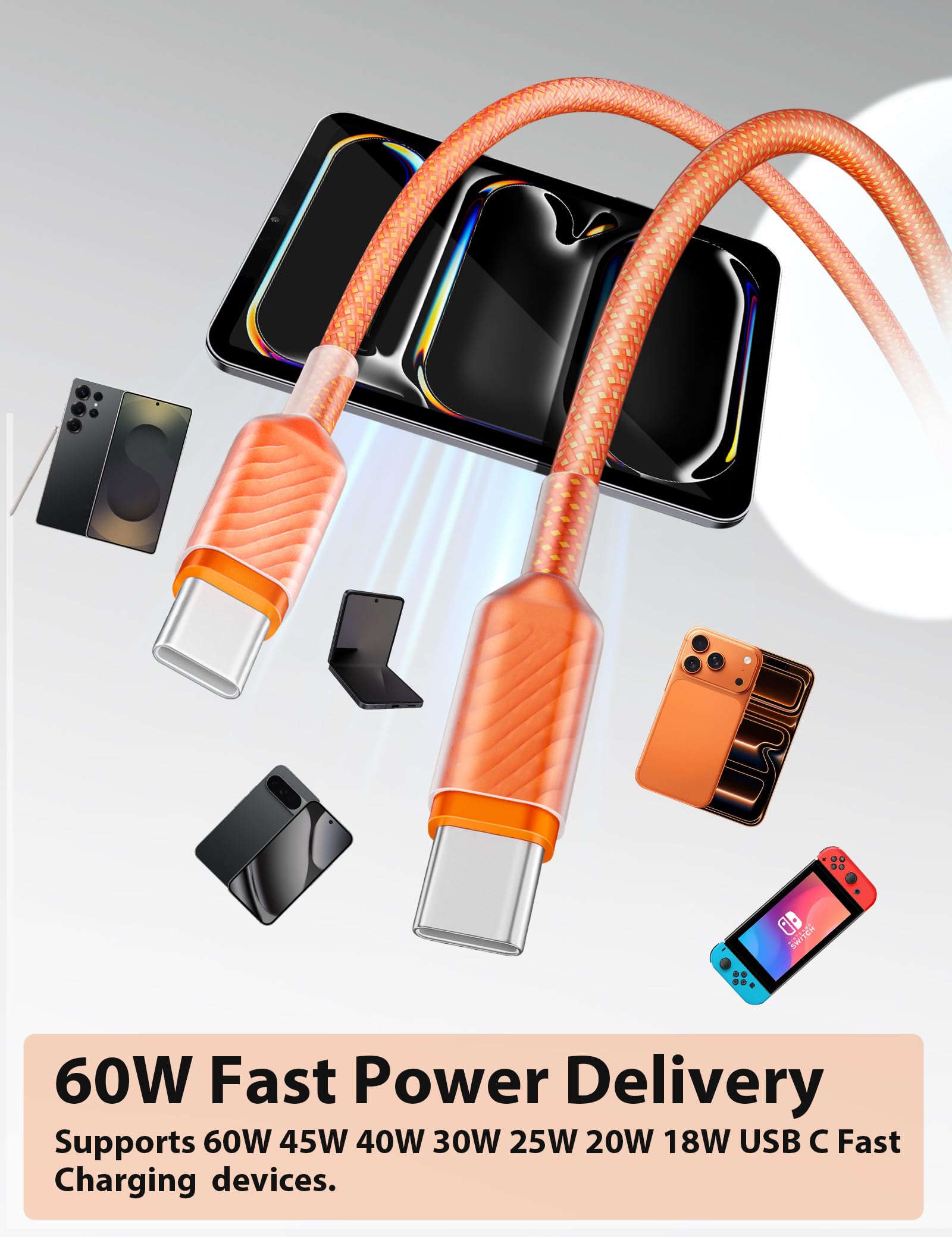 Cable USB C de carga rápida de 6.6 pies, 60 W, 45 W, 40 W, 30 W, 25 W, 3 A, cable USB-C a USBC, cable de carga PD trenzado de nailon para iPhone 17 Pro Max 16 Plus 16e 15 Galaxy S25 FE S24 S23 A17