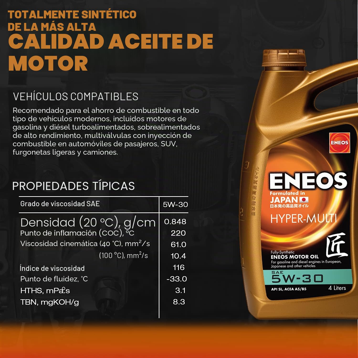 ENEOS Aceite de motor Hyper-Multi 5W-30 Aceite completamente sintético Aceite para motor 4 L