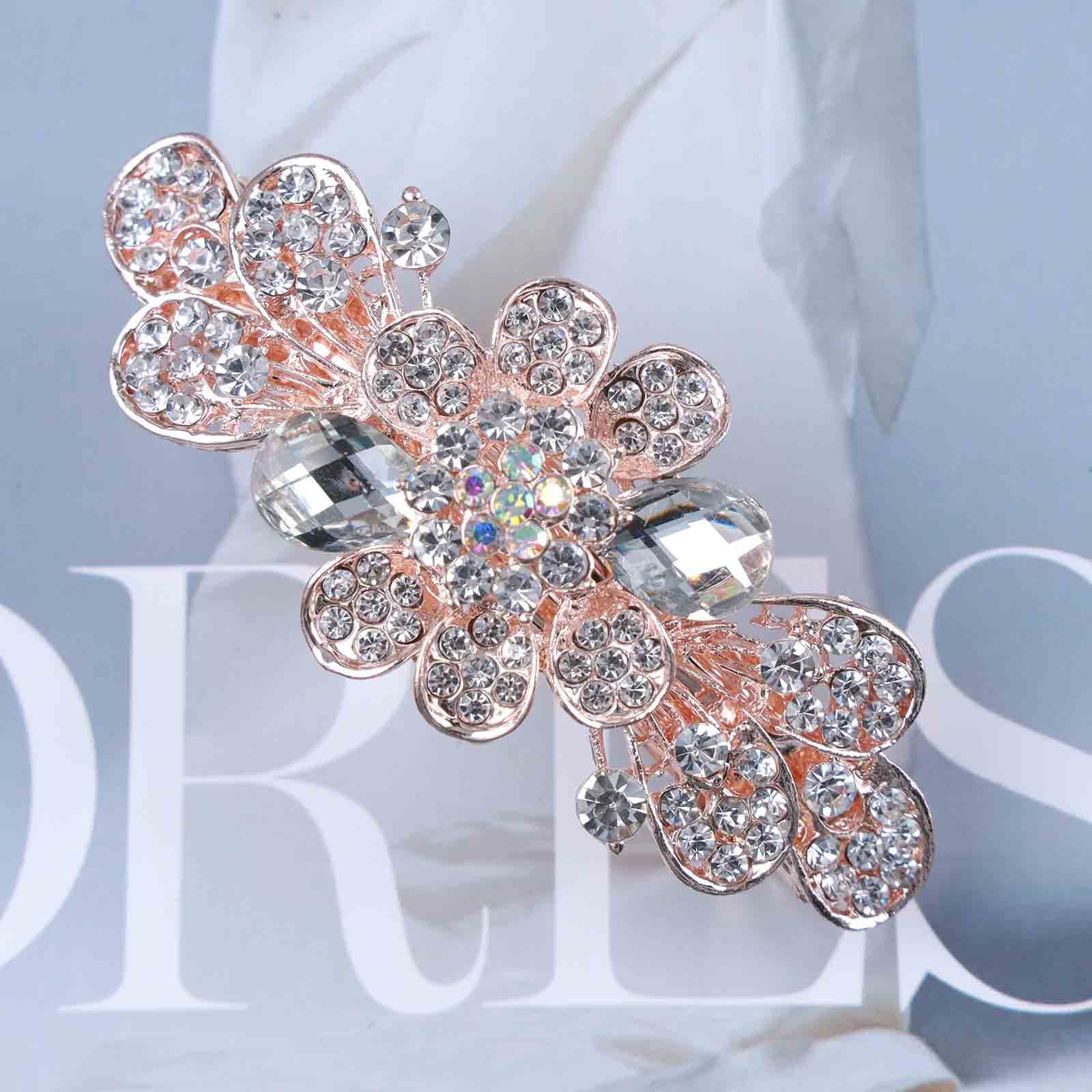 Barrette Fleur Cristal Strass Pierre Précieuse Or Vintage - Accessoire Cheveux Mariage Et Soirée (Cristal Transparent)