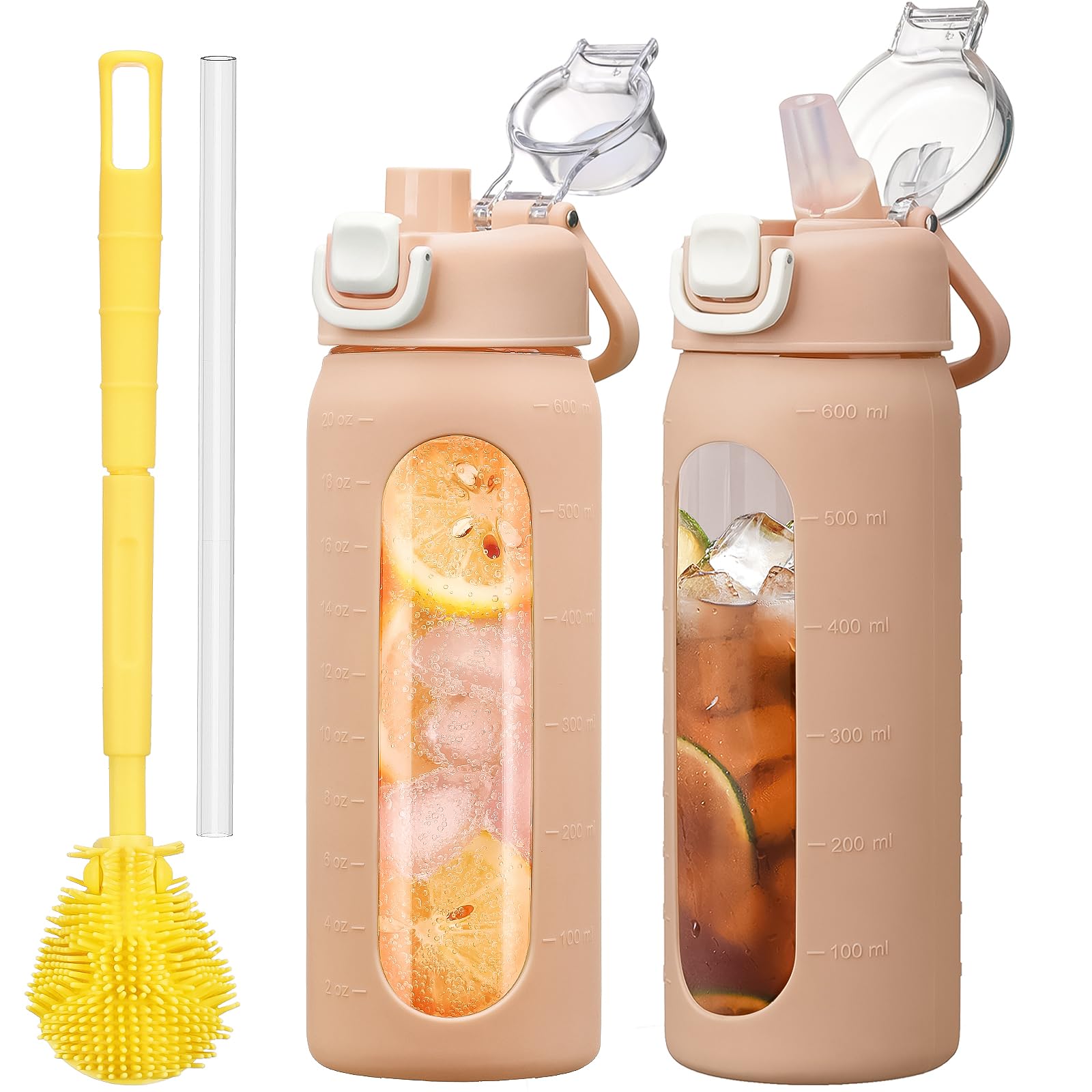 HYDRAGLAZIC 600ML Borraccia Vetro Motivazionale con Cannuccia & Indicatore di Orari, Vetro Borosilicato Trasparente, Portatile Coperchio a Prova di Perdite, Senza BPA,Colore