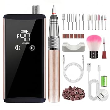 Professional Nail Drill Machine E-File, Coreless Motor, Brushed Rose Gold | 40000RPM Coreless Motor, 24H Cordless Battery, HD Touch Screen, Aluminum Body, 13-in-1 Kit for Acrylic Gel
