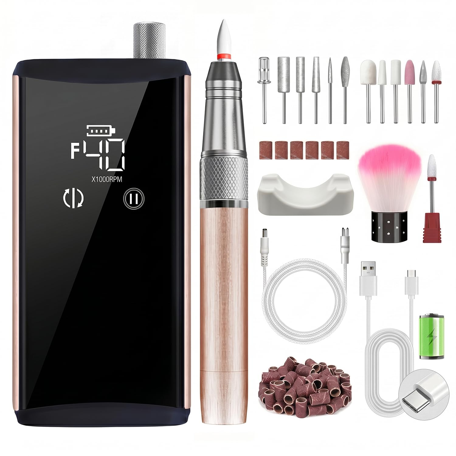 Torno para Uñas con Motor sin Núcleo, 40000 RPM Profesional | Motor sin Núcleo, 40000 RPM,Batería 24H, Lima Eléctrica Inalámbrica, Aleación de Aluminio,Pantalla Táctil LCD, 13 Accesorios