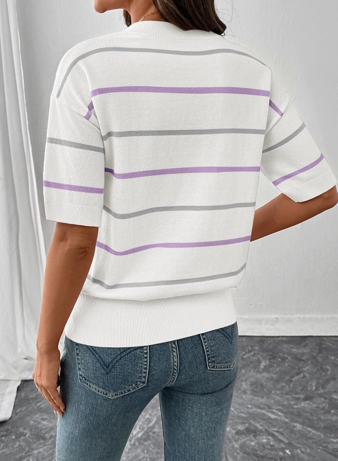 SHEWIN Womens Tops Crewneck Short Sleeve Sweater Pullover Knit Striped Shirt Spring Outfits for Women 2026 - Image 5