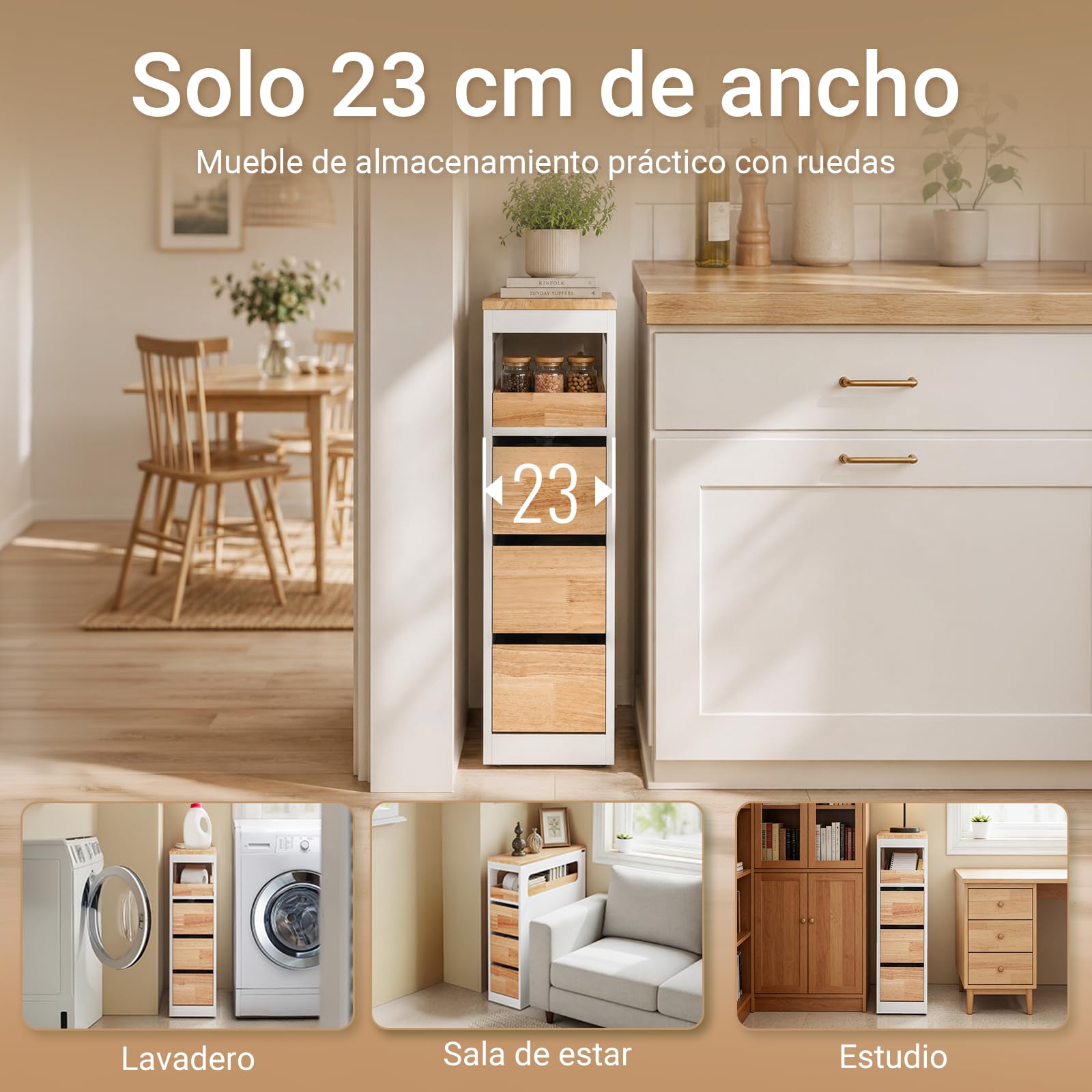 SoBuy Carrito Cocina con Ruedas Blanco y Madera 65 x 23 x 82 cm | Mueble Auxiliar de Cocina con Encimera, Cajón y Estantes Abiertos Cajonera Estrecha, Armario Almacenaje, BZR54-III-WN