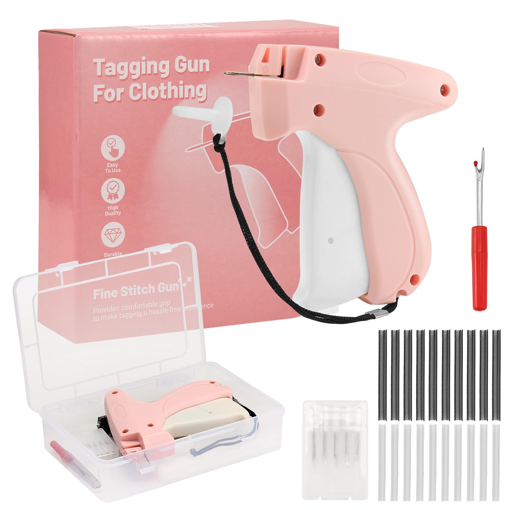 Stitchy Quick Clothing Fixer, Mini for Clothes, Clothing Tagging with Case,Stitchy Tool with 5 Needles,1000 Black & 1000 White 5mm Micro Fasteners (Pink)