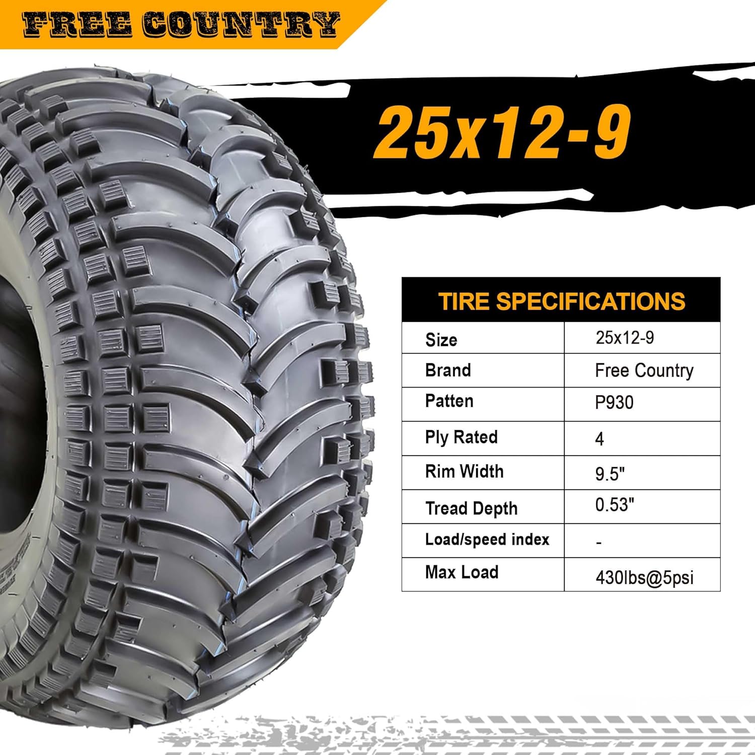 FREE COUNTRY 25X12-9 ATV Tires 4 Ply 25x12x9 -Set of 2-10408