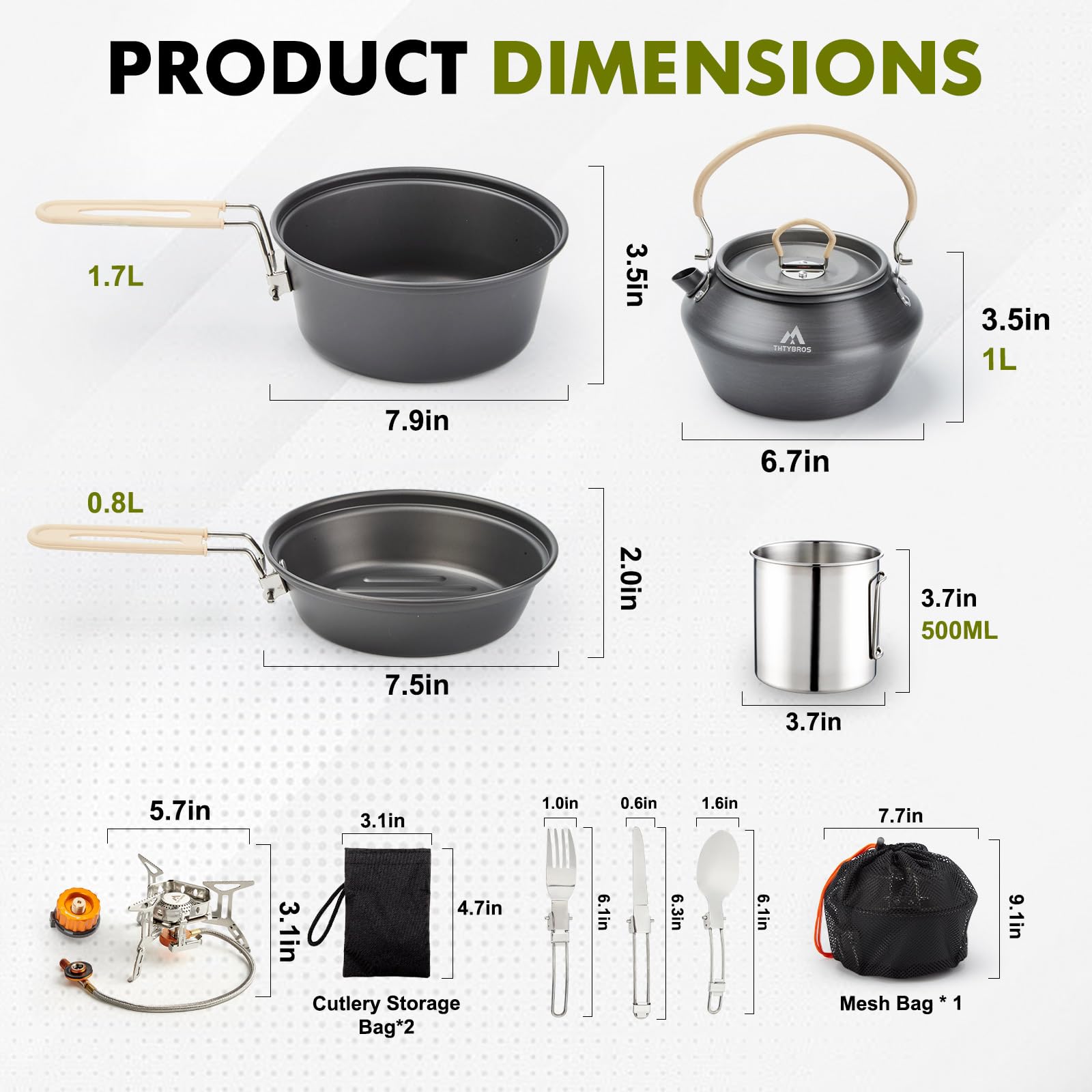 THTYBROS 17-teiliges Camping-Kochgeschirr-Set, 1,2 l Topf, 17,8 cm Pfanne, 0,3 l Wasserkocher-Set mit 2 Edelstahlbechern, Tellern, Gabeln, Messern, Löffeln zum Wandern