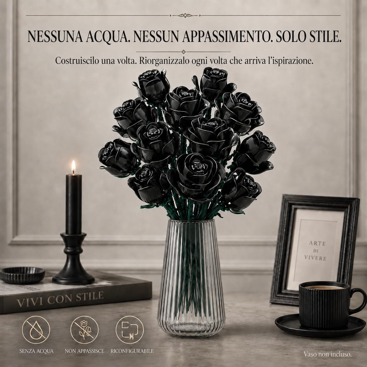 TYCOLE Rose Nere in Mattoncini, Bouquet Gotico, 12 Fiori, 512 Pezzi