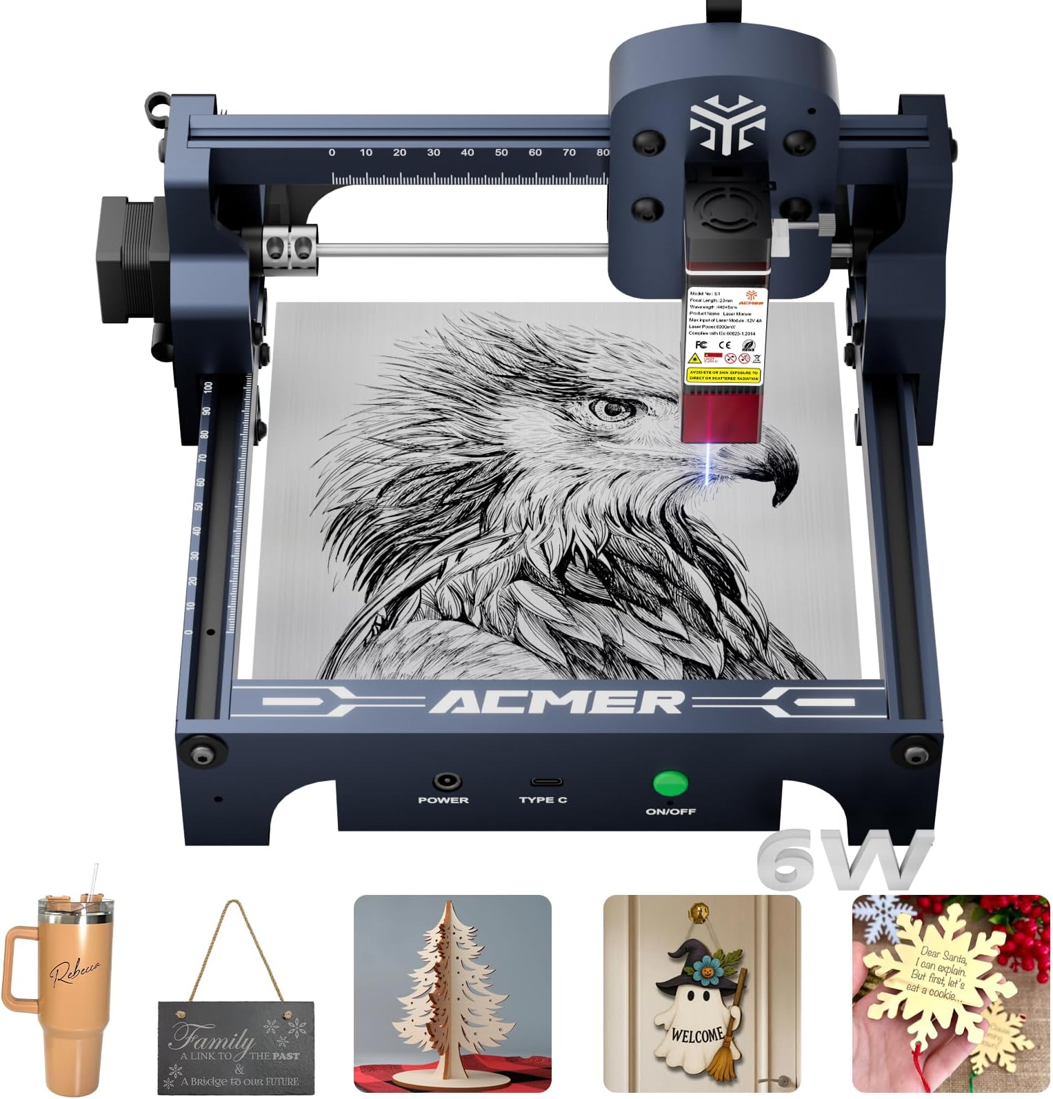 ACMER S1 Laser Engraver Machine, 6000mW Lazer Cutter for Wood and Acrylic | 0.04mm Fine Laser Spot, 130 x 130mm Working Area, Compact Desktop Design, Detailed Results for DIY Crafts and Small Projects