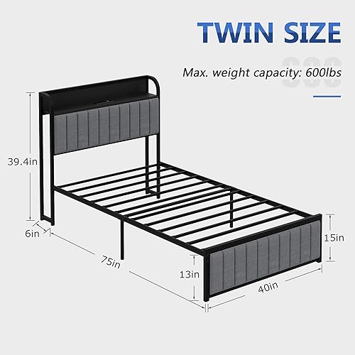 Miniatura 36 de VECELO Base de cama tamaño matrimonial con cabecera tapizada, plataforma resistente con listones de metal fuertes, no necesita somier, fácil Lino y