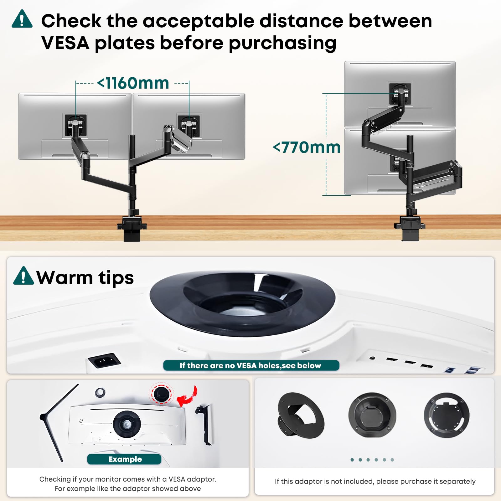 Uchwyt do monitora 2 monitory do ekranu 24-57" – sprężyna gazowa Dual Monitory uchwyt stołowy z regulacją wysokości, wychylny uchwyt do monitora, waga 2-27 kg na ramię, VESA 75/100/200 mm, czarny