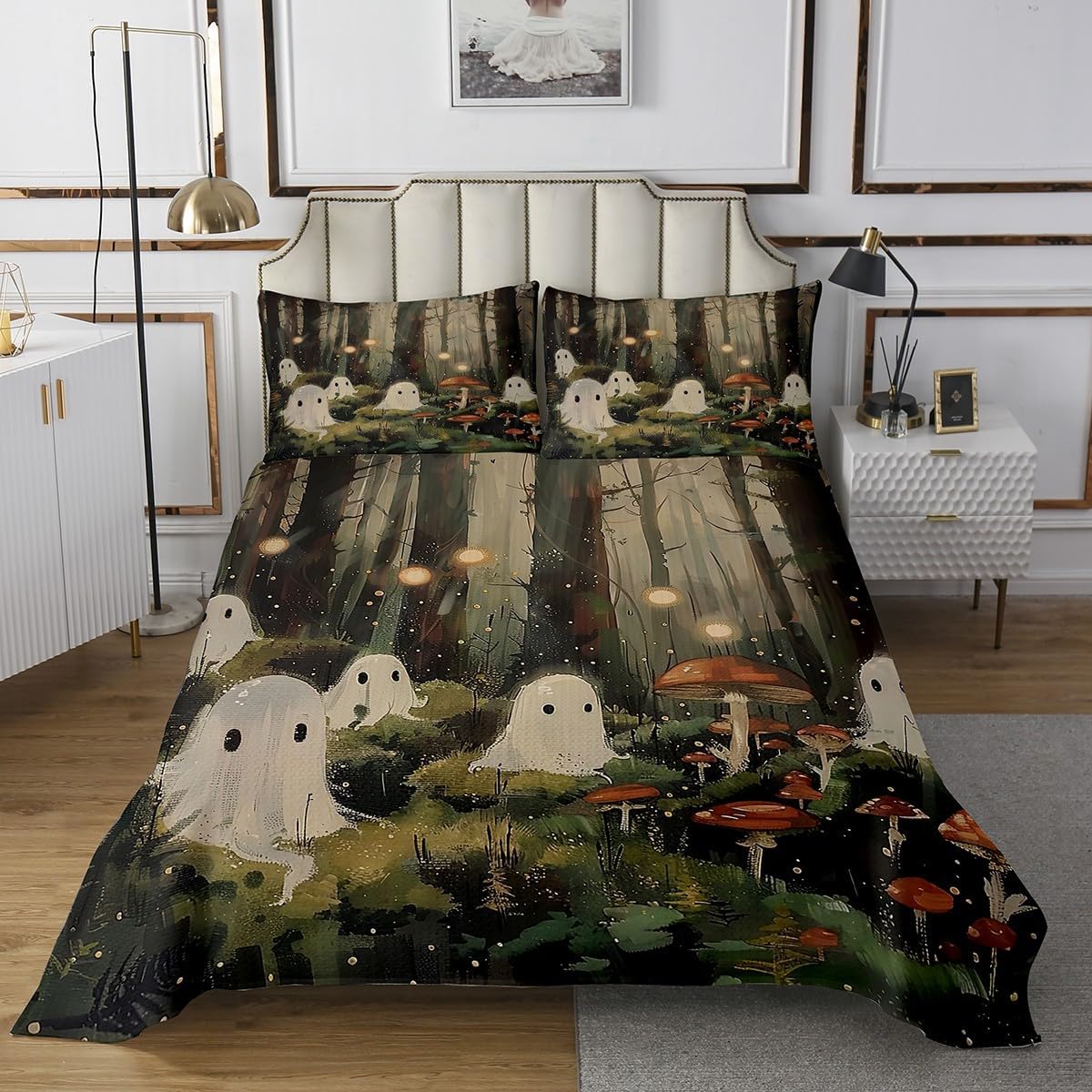 Erosebridal White Ghost Bedspread for Boys Girls Halloween Mushroom Quilt Set King Size Teens Kids Halloween Decorations Coverlet Set Happy Halloween Bed Set Trick Or Treat Themed Bedding