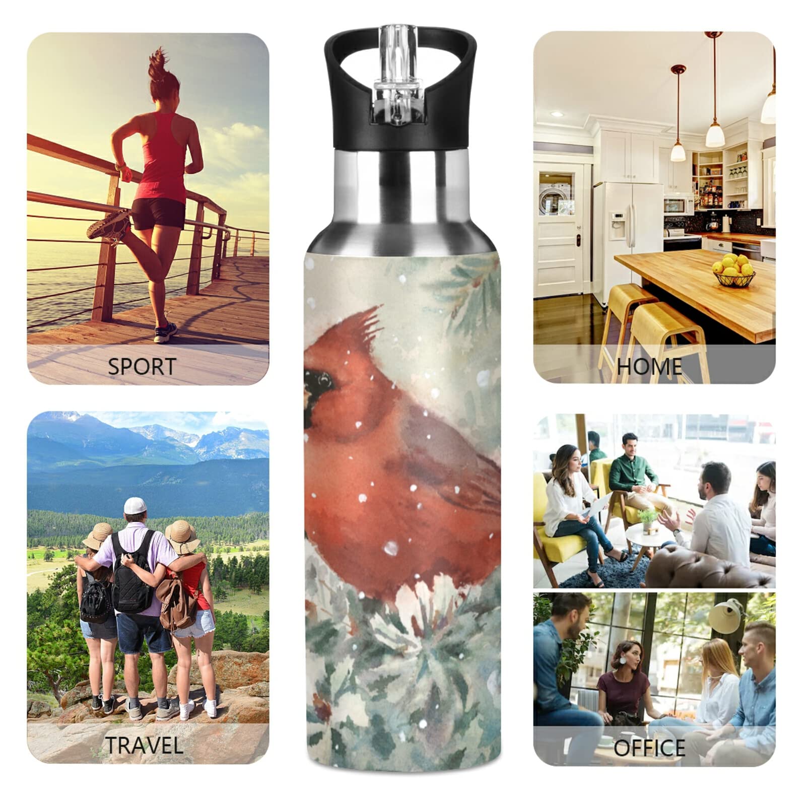 Mignon Hibou Oiseau Lune Étoile Isotherme Bouteille D'eau Avec Paille, Gourde Sport En Acier Inoxydable 600ML Gourdes Sans BPA Pour Enfant Garçon Fille École Bureau