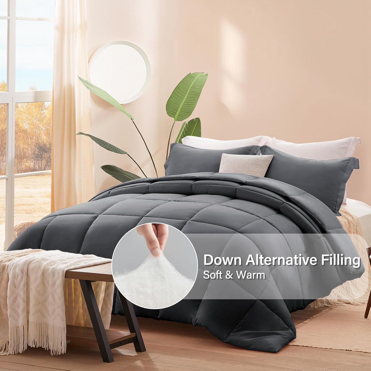 SunStyle Home Queen Comforter Set Dark Grey, 3 Pieces Lightweight Comforters Queen Size Solid Box Stitched Bedding Sets, Soft Breathable Down Alternative Bed Set with 2 Pillow Shams for All Seasons