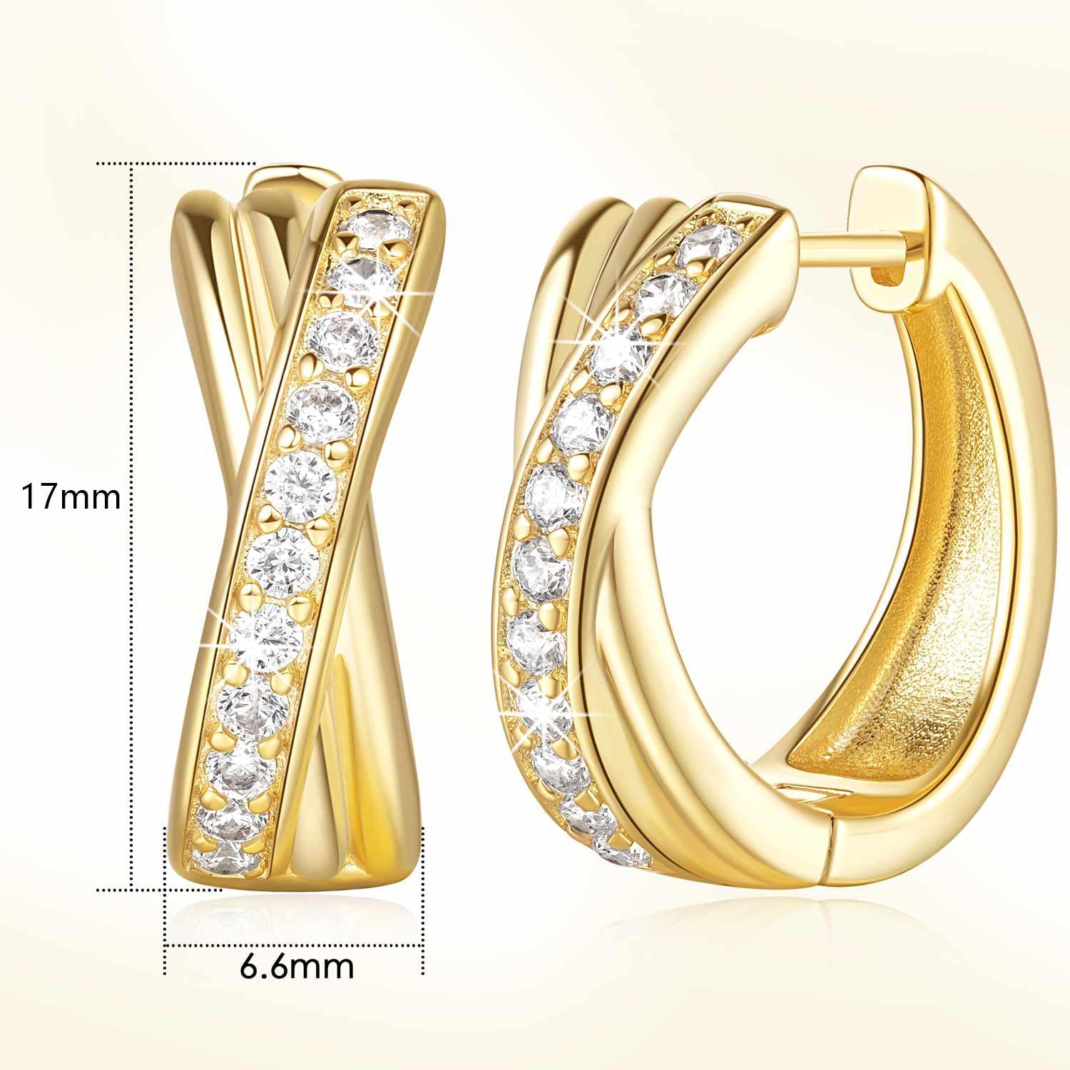 Gold Hoop Earrings 14K Gold Earrings for Women Thick Small Diamond 14K Gold Hoop Earrings for Women X-shaped Huggie Earrings 17mm