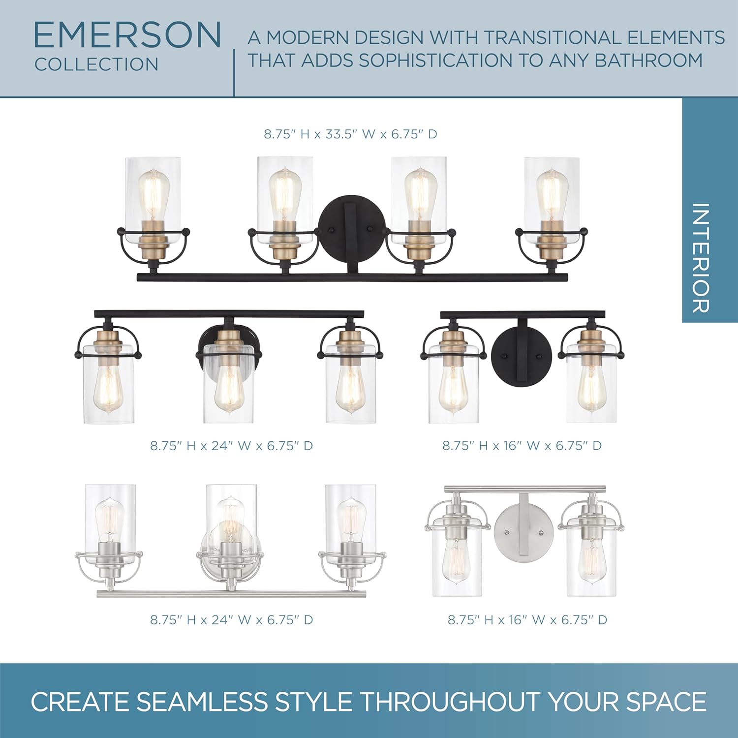 Quoizel Emerson Bath Vanity Lights,16 Inch 2-Light Matte Black Bathroom Lighting Fixtures Over Mirror, Clear Glass Shades, Transitional Wall Mount Light for Bathroom