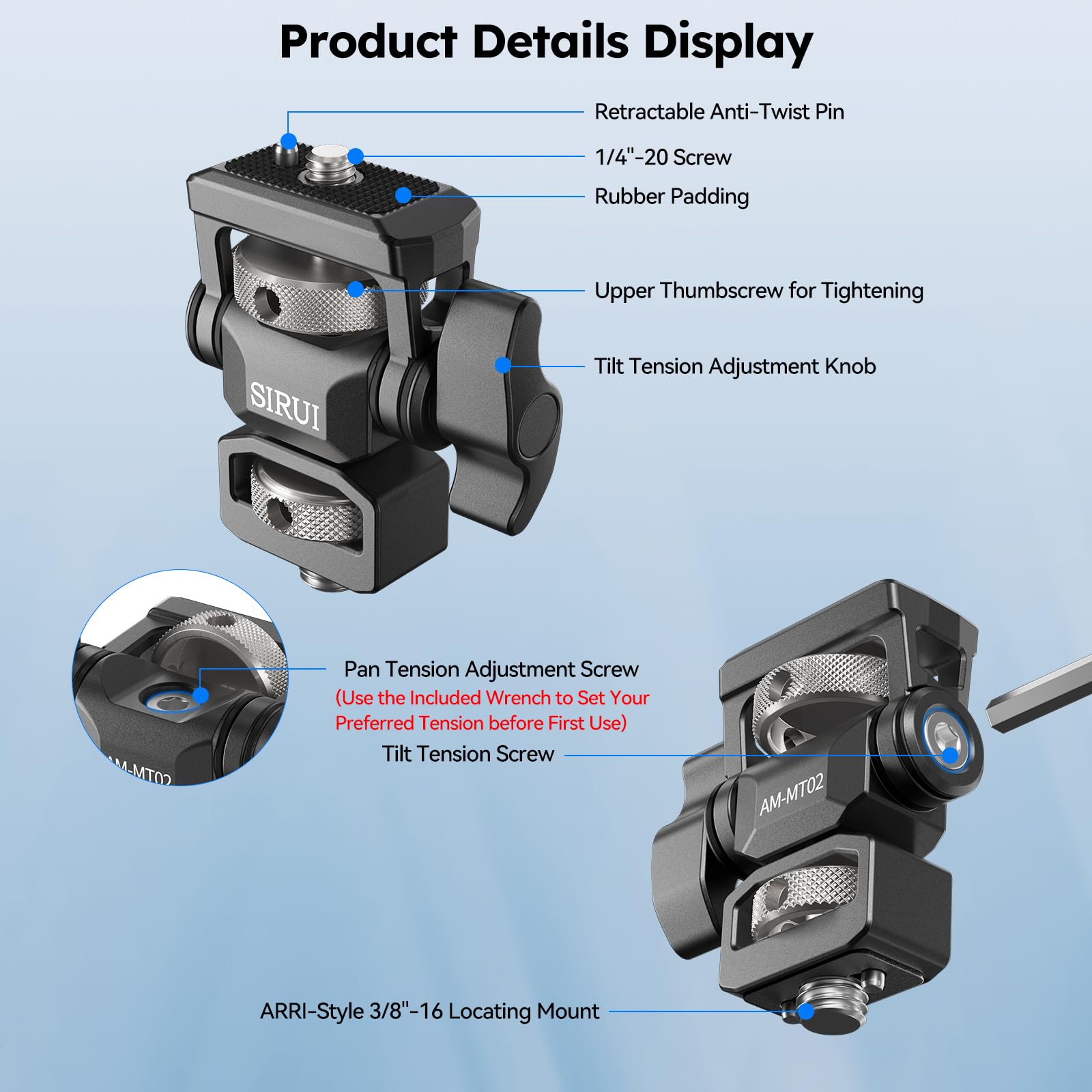 SIRUI ARRI-Style Monitor Halterung mit 3/8" und 1/4"-20 Gewinde, Schwenk- und Neigefunktion, Anti-Dreh-Pin für 5"-7" Monitore, Zubehörhalterung, AM-MT02