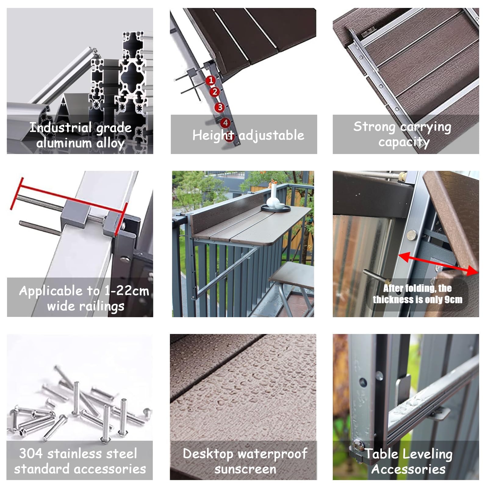 Generisch Wetterfester, klappbarer Balkontisch aus Aluminium, platzsparender Beistelltisch in Braun, 120 x 37 cm (47,2 x 10,6 Zoll), ideal für Terrasse, Garten und Balkon.