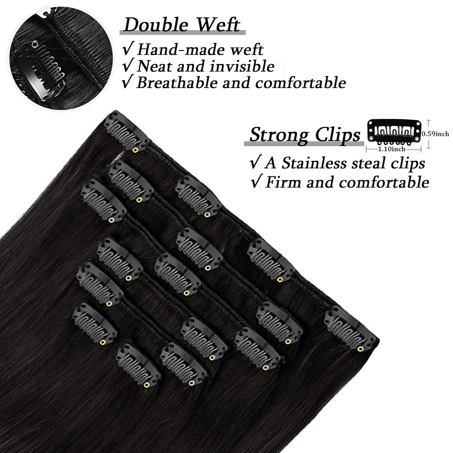 Savasana Clip in Hair Extensions Real Human Hair Straight 7 Pcs Long Black Hair Extensions Double Weft Thick Natural Black 14 Inch 80g